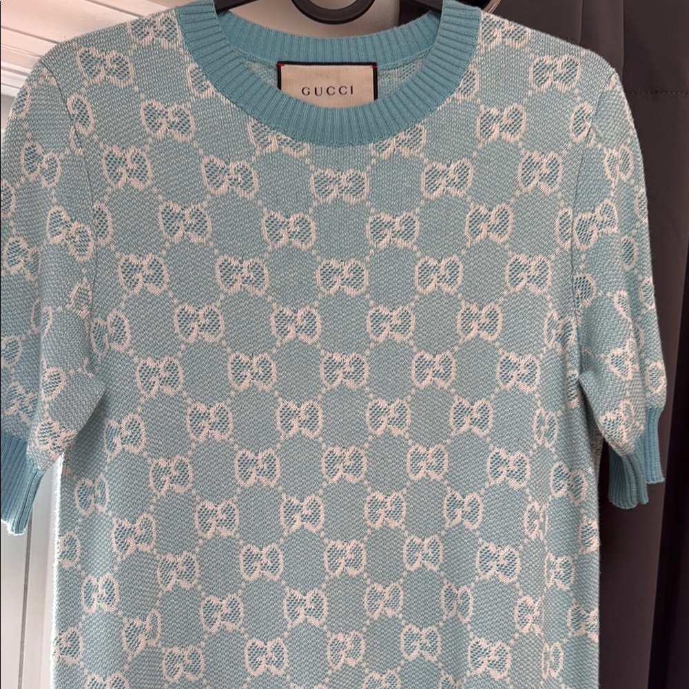 Gucci Light Blue and White Knit Dress
